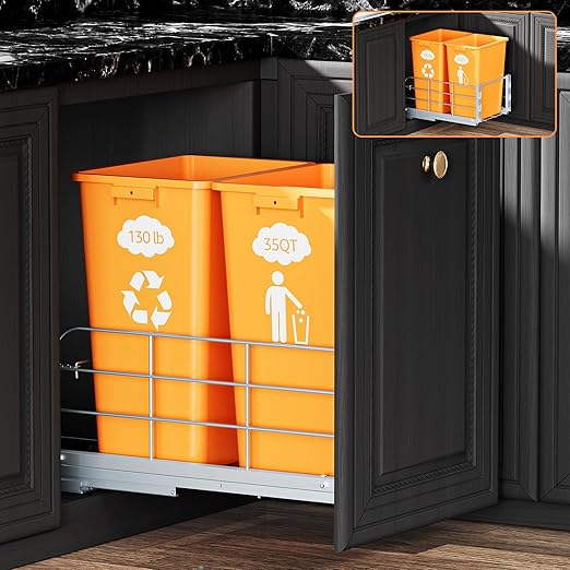Double Pull Out Trash Can Under Cabinet with Soft Close Slides 130LB Heavy Duty Under Sink Trash Bin Kit with Door or Base Mount, Fits 16" W x 23" D Cabinet, Trash Can Not Included