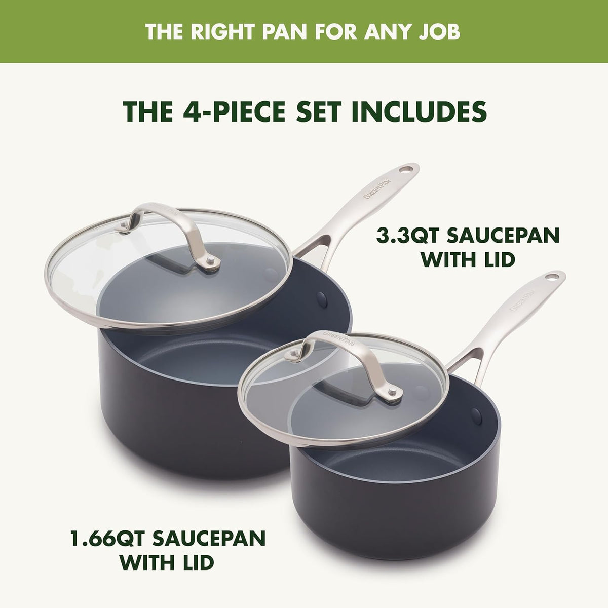 GreenPan Valencia Pro Hard Anodized Healthy Ceramic Nonstick 1.66QT and 3.3QT Saucepan Pot Set with Lids, PFAS-Free, Induction, Dishwasher and Oven Safe, Gray