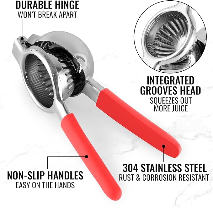 Zulay Lemon Squeezer Stainless Steel with Premium Heavy Duty Solid Metal Squeezer Bowl and Food Grade Silicone Handles - Large Manual Citrus Press Juicer and Lime Squeezer Stainless Steel (Red)