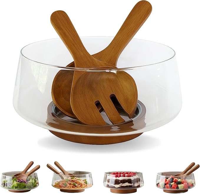 Large Glass Salad Bowl Set with Acacia Wood Base & Salad Servers – Elegant Serving Bowl for Salads, Pasta, Fruit & Snacks – Easy-Clean Modern Serveware, Perfect for Hosting & Housewarming Gifts