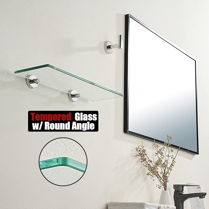 JQK Bathroom Glass Shelf Chrome, Tempered Glass Shower Storage 16 by 5 inches, 304 Stainless Steel Polished Chrome Wall Mount 2 Pack, TGS101L16-CH-P2