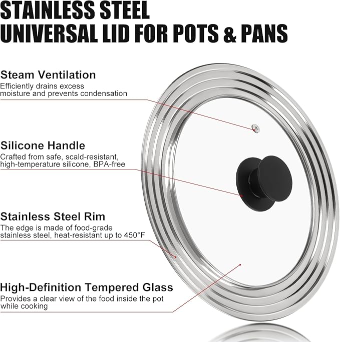 Universal Lid for Pots, Pans and Skillets, Fits 9, 10 and 10.5 Inch Cookware, Replacement Frying Pan Cover with Tempered Glass Top, Stainless Steel Cast Iron Skillet Lids - Heat Resistant Handle
