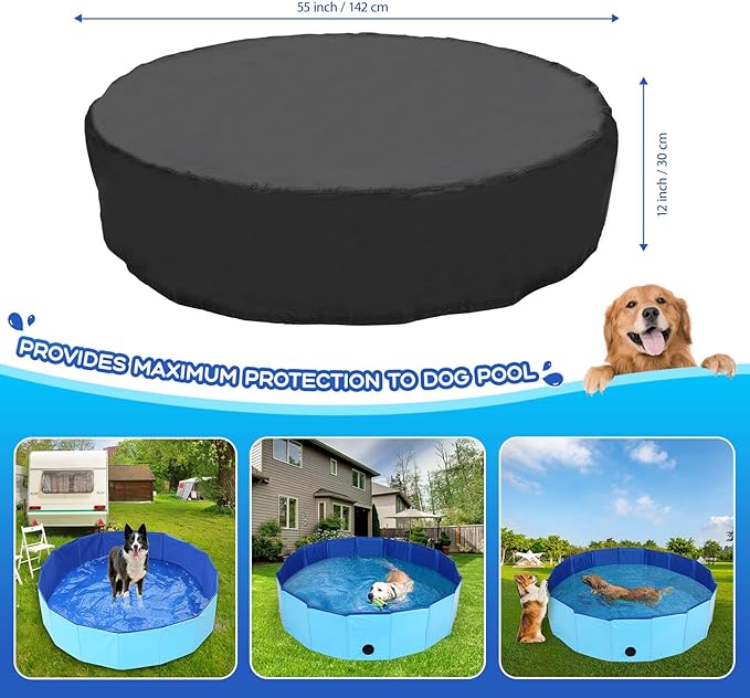 55 inch Foldable Dog Pet Bath Pool Cover, Portable Round Collapsible Pool Cover with Oxford Cloth Material and Drawstring Design for Dog Pet Pool, Waterproof and Dustproof (Black)