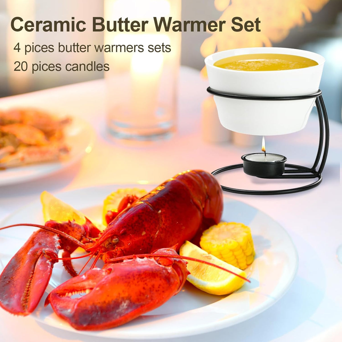 Luvan 4Pcs 12.8oz Butter Warmers for Seafood, Butter Melter with Stands and 20Pcs Tealight Candles,Ceramic Butter Warmer Set for Lobster, Personal Fondue Set Melted Butter Cups for Seafood, Fondue