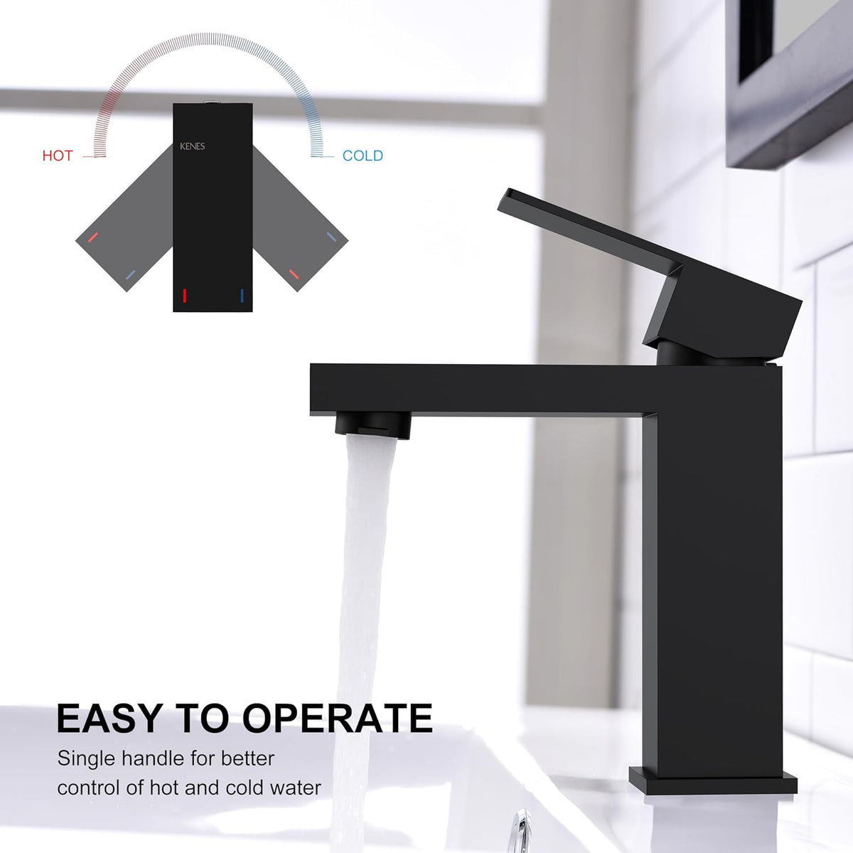 KENES Matte Black Single Handle Bathroom Sink Faucet, Stainless Steel Vanity Faucet for Bathroom Sink, with Pop Up Drain Stopper & Water Supply Hoses LJ-9031-2