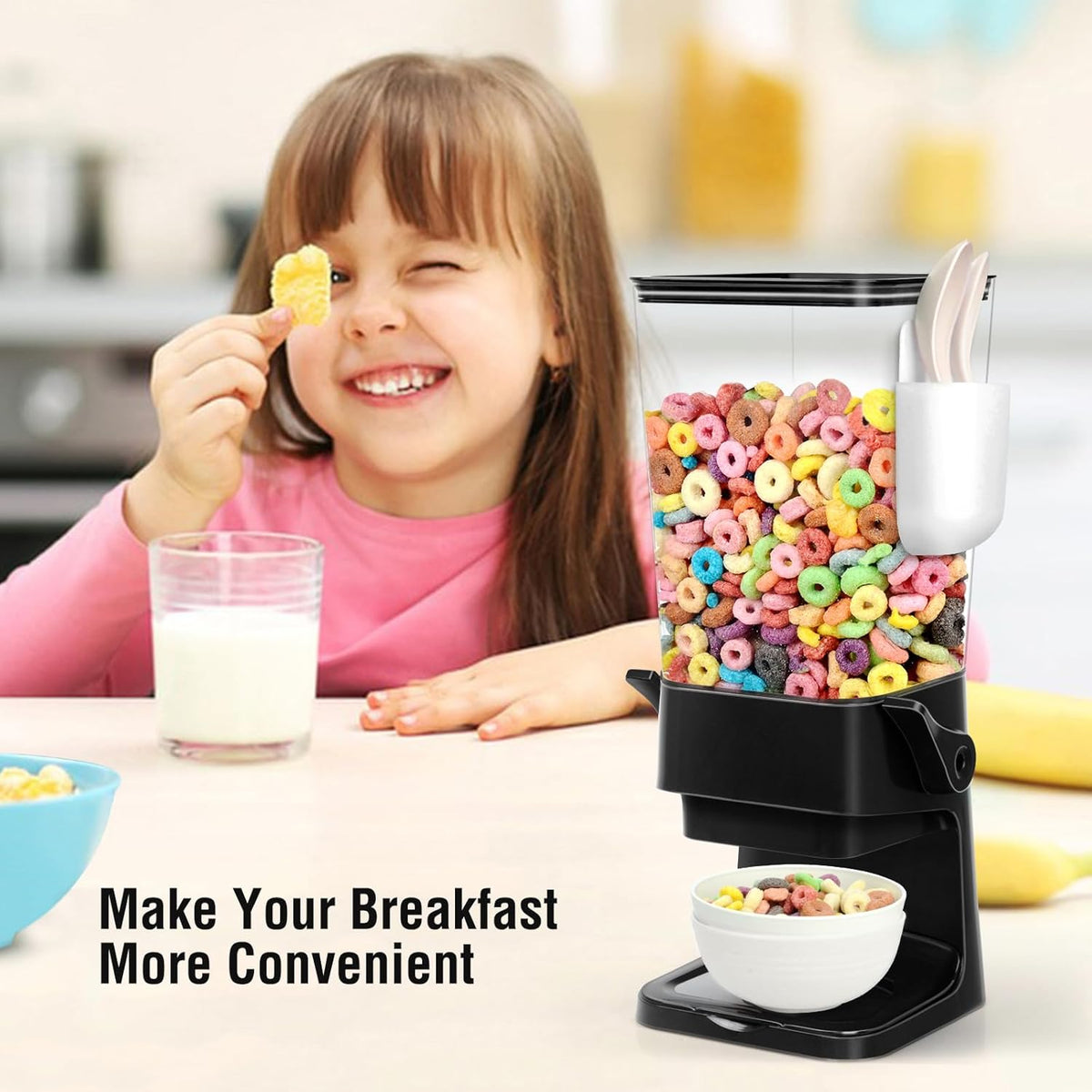 Cereal Dispenser Countertop with 4 Pack Bowls and Spoons 5.5 Qt Large Cereal Storage Container Holder for Pantry Dry Food Nut Dispenser Snack Candy Organizer Kitchen Organization for Oatmeal Granola