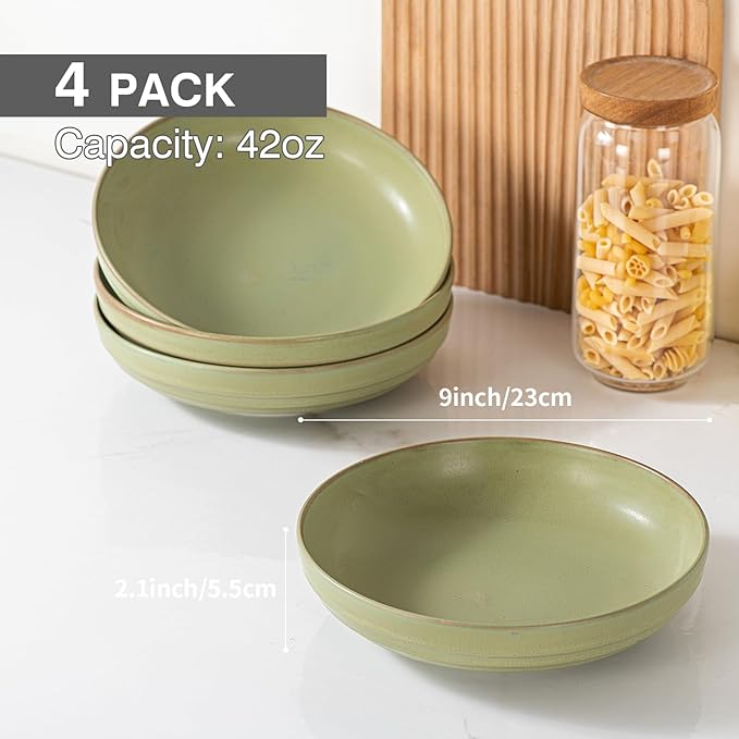 HAPPY KIT 9'' Large Pasta Bowls, 42 Oz Salad Bowl Set of 4, Stoneware Reactive Glaze Serving Bowls for Dessert, Soup, Fruit, Noodle, Scratch Resistant, Meadow Green