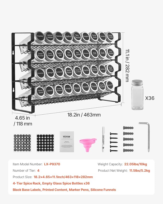 VEVOR Spice Rack Organizer for Cabinet, Spice Organizer with 36 Empty Spice Jars, Lids, Spice Labels, and Funnel Complete Set, Seasoning Organizer for Countertop, Kitchen, Pantry, Cupboard, 18x11 in
