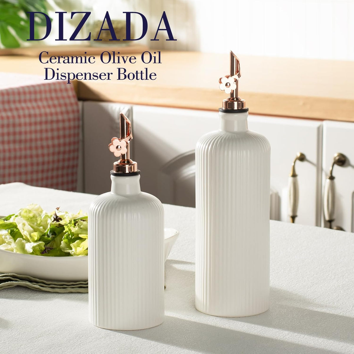 Dizada Olive Oil Dispenser Bottle for Kitchen, (22 Oz+14 Oz) Ceramic Olive Oil and Vinegar Bottles Dispenser with Stainless Steel Spout, Set of 2
