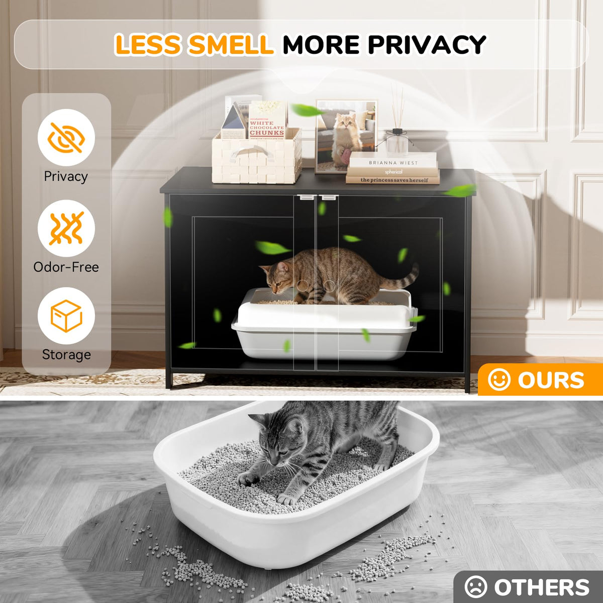 Fecuria Cat Litter Box Enclosure Furniture Dog Proof, Hidden Kitty Washroom Cabinet Low Entry, Wooden Cat Boxes Enclosure Odor Control for Home, Farmhouse Style Decorative TV Stand with Storage, Black