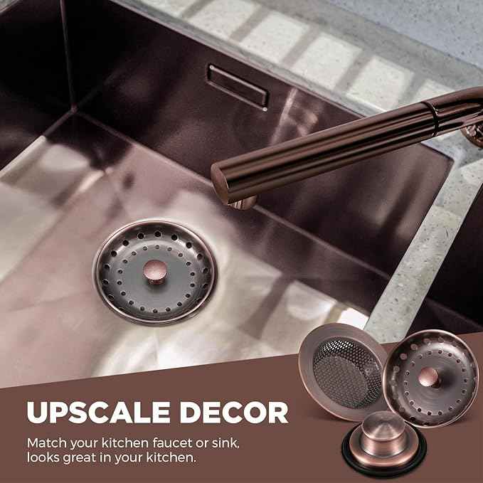 Mudder 3 Pcs Kitchen Sink Drain Strainer and Stopper Stainless Steel Garbage Disposal Plug with Handle Universal Anti-Clogging Kitchen Sink Filter Sieve Basket Strainer(Antique Copper)