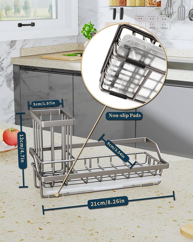 Consumest Sponge Holder for Kitchen Sink, Sink Caddy Organizer with Removable Drip Tray, Countertop Dish Soap Holder and Brush Holder, 304 Stainless Steel - Sand Nickel