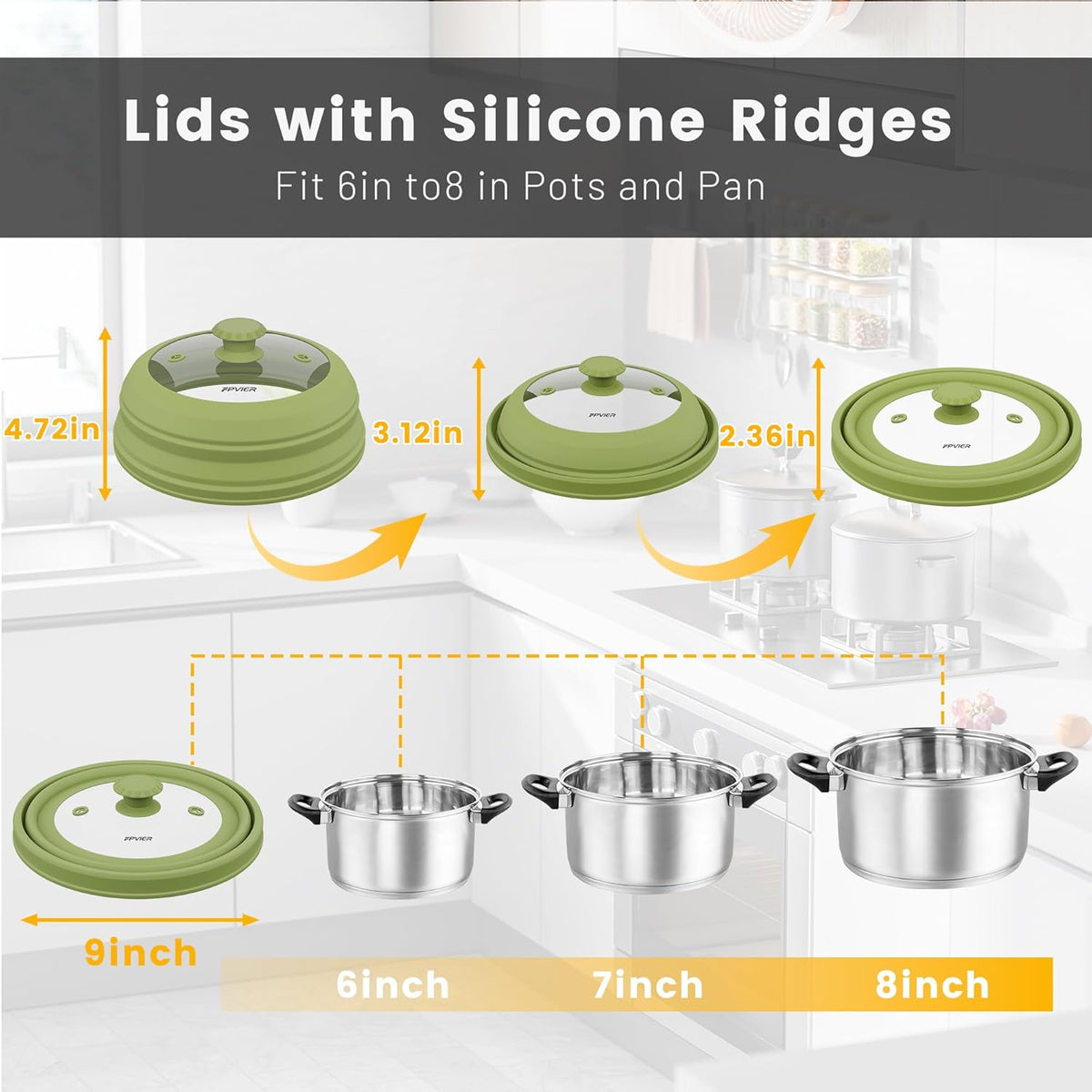 Collapsible Microwave Splatter Cover - Vented Silicone & Glass Lid with Easy-Grip Handle, Fits 6 to 8 Inch Plates & Bowls, 9 Inch Diameter, Prevents Splatters & Ensures Even Heating
