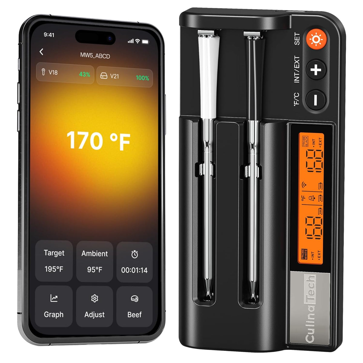 CulinaMeter Two: 2 Probes Wireless Meat Thermometer with LCD Screen, 700FT Digital Cooking Food Thermometer for Beef Lamb Turkey, Dual Sensor Measures Internal & Ambient Temp