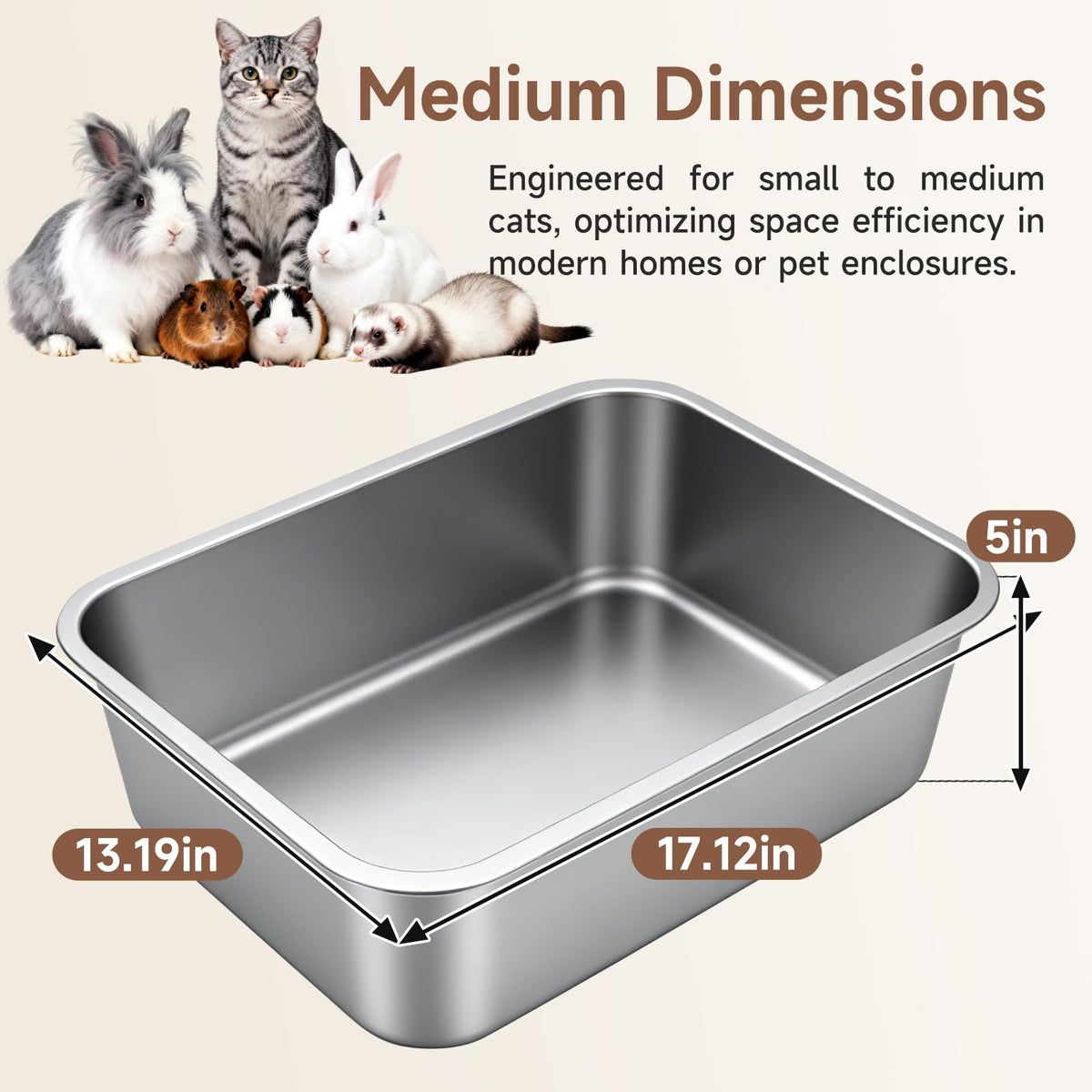 OneBug Stainless Steel High Sides Cat Litter Box,Medium