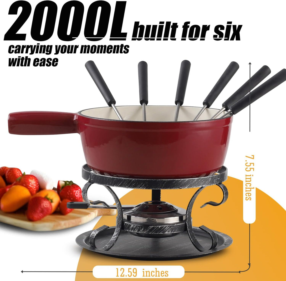 Artestia Cast Iron Swiss Fondue Set – Swiss Traditional 2L Cheese & Chocolate Fondue Pot for 4-6 People – Ideal for Melting Cheese, Chocolates, Caramel, & More, Red