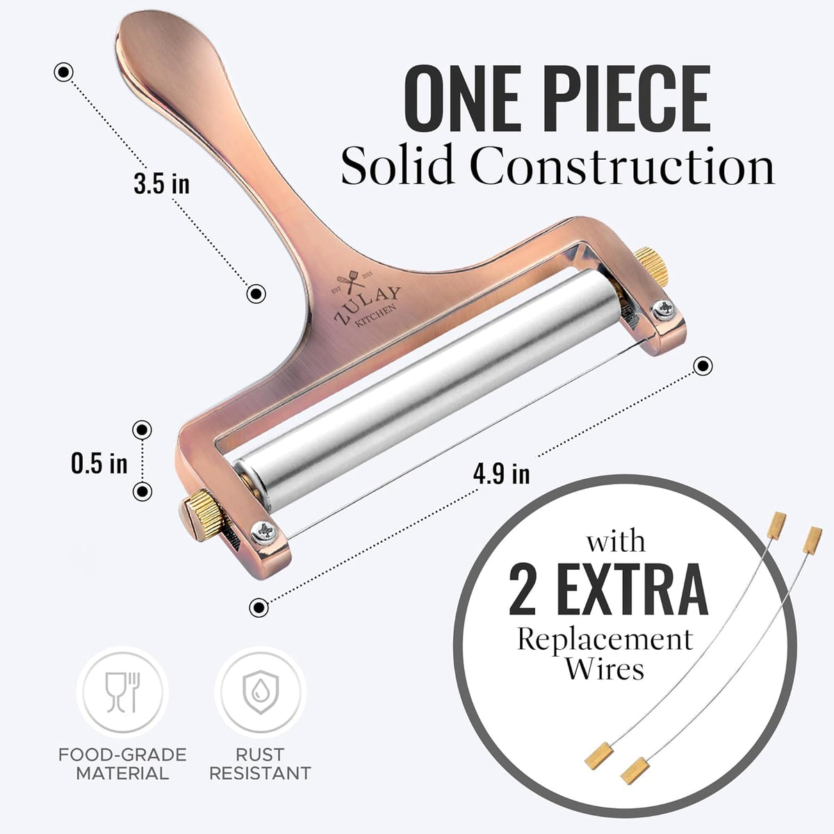 Zulay Adjustable Cheese Slicer - Wire Slicer For Mozzarella, Cheddar, Gouda - Heavy Duty With 2 Extra Wires (Copper)
