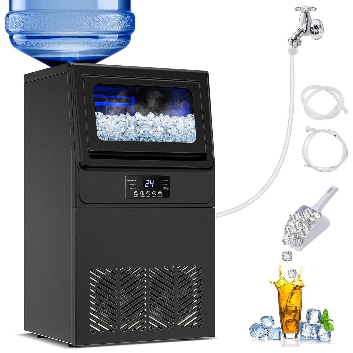 Commercial Ice Maker Machine 100 LBS/24H, 36 Ice Trays Freestanding & Undercounter Ice Machine Stainless Steel with 20 LBS Ice Storage Capacity, Ice Maker with Water Line, Dual Water Inlet, Black