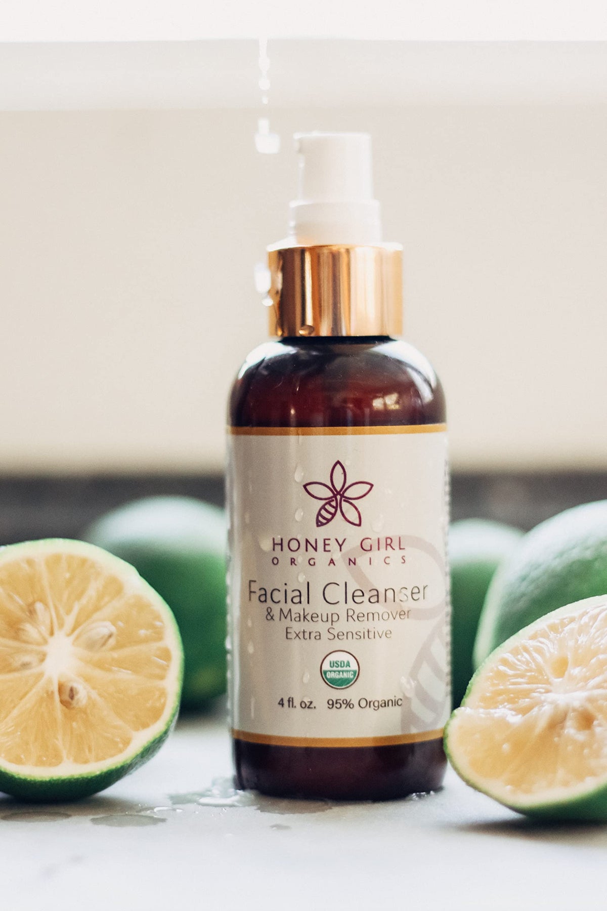 Honey Girl Organics USDA Certified Organic Facial Cleanser and Makeup Remover Extra Sensitive w/Beeswax. Naturally contains Pollen, Propolis, Royal Jelly. 4 Fl Oz