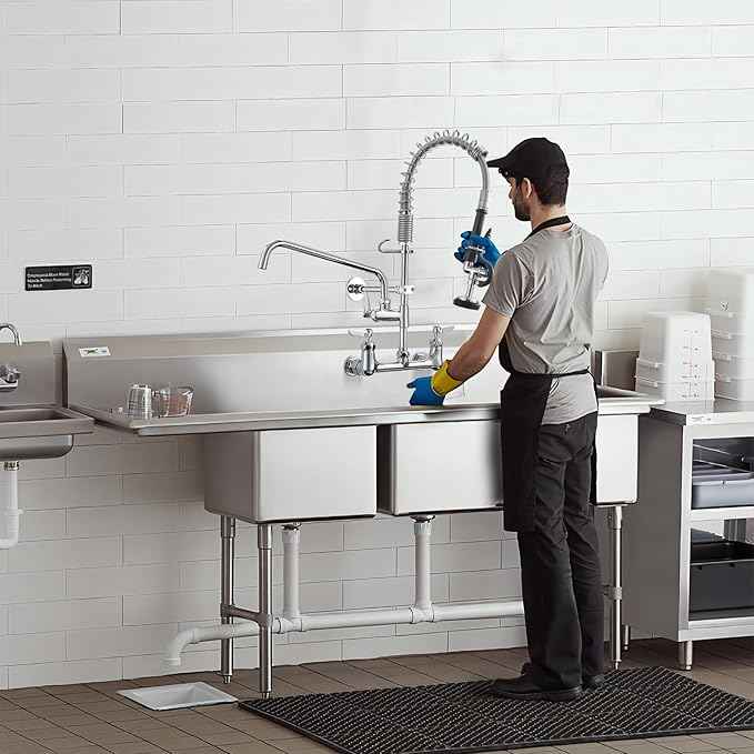 Fapully Commercial Kitchen Faucet,Wall Mount Kitchen Sink Faucet with Pre-Rinse Pull Down Sprayer,25‘’ Height 8'' Center 3 Compartment Sink Faucets with 12.2'' Swing Spout Chrome