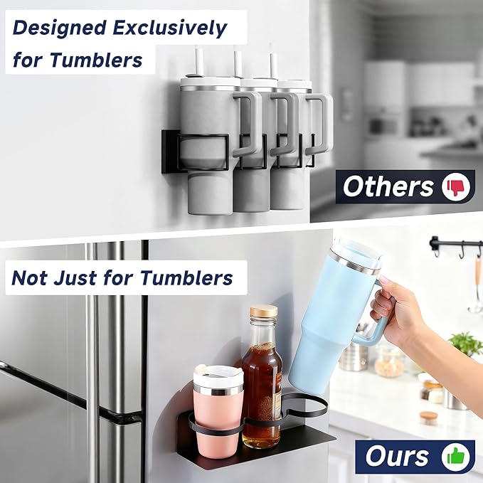 2 Pack Magnetic Stanley Cup Holder - Water Bottle Organizer for Stanley 30&40 oz Tumbler & 1 Pack Magnet Paper Towel Holder Without Drilling, Black Kitchen Storage Rack
