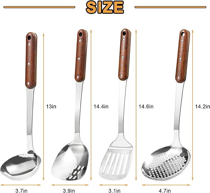 FJNATINH Stainless Steel Wok Spatula,Slotted Spatulas,Ladle,Skimmer Ladle Tool Set,Mirror Polished Cooking Utensils Kitchen Cookware, Pack of 4,Sliver