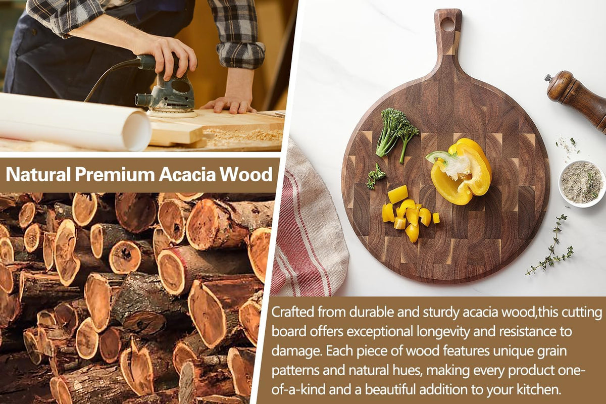 XINZUO Acacia Wood End-Grain Round Cutting Board with Handle for Kitchen Bread Pizza Cheese Fruit Charcuterie Serving Cutting Board, Two-sided Use, 16.7 x 12.5 x 0.75 inches