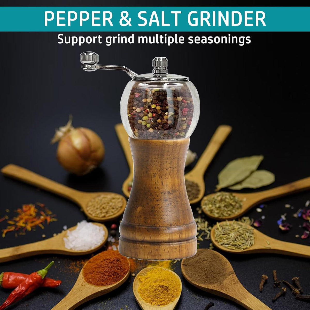 Pepper Mill Set，Manual Pepper Mills, Classical Hand Shake Wooden Pepper Grinder Set，Salt Mills，Wooden Pepper Mill，Ceramic Blades Metal Handle，Enjoy Fresh Ground Pepper (Walnut color 2pcs-6in)