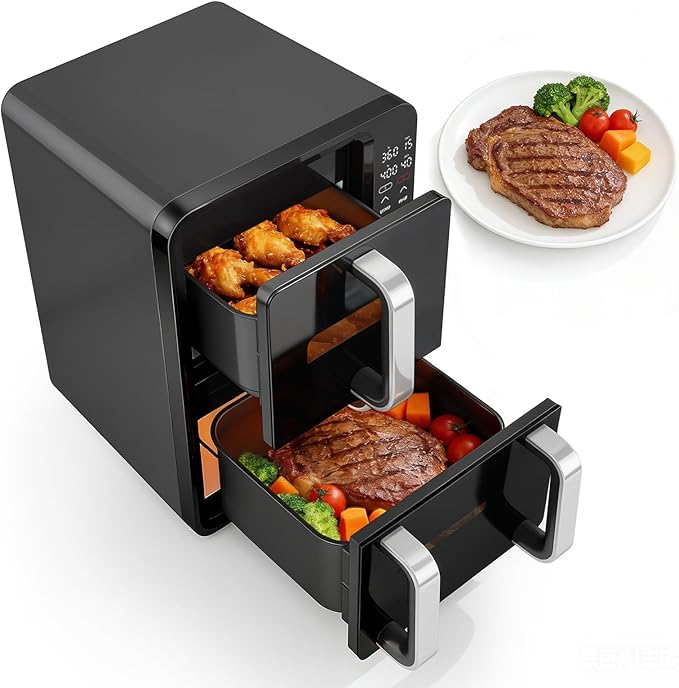 12QT Dual Basket Air Fryer, Vertical Double Stack XL 2-Basket, Feeds Up to 10 People, 8-in-1 Presets with Digital Touchscreen to Free DIY, Compact Design, Easy to Clean, Black