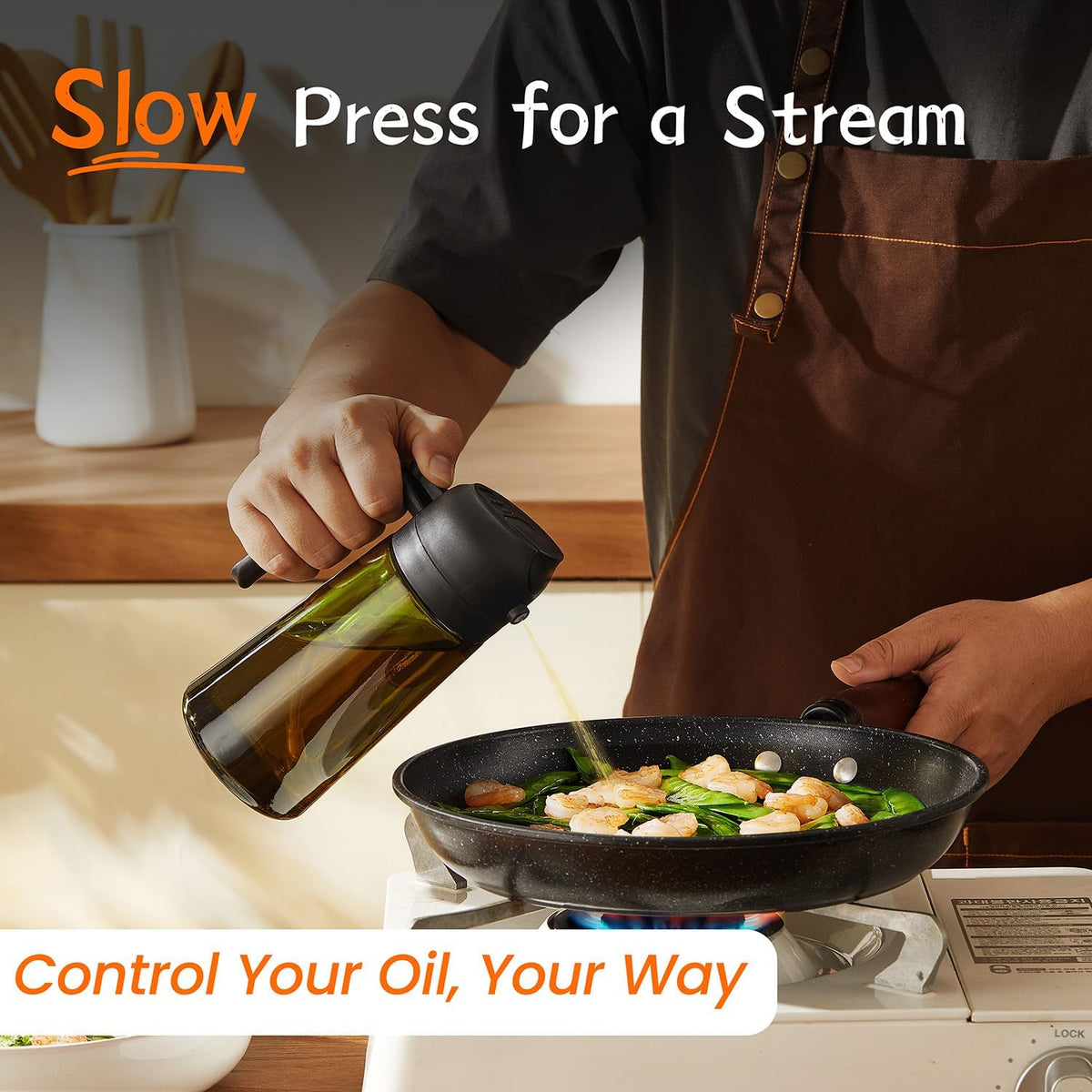TrendPlain - Original 16oz/470ml Olive Oil Dispenser Bottle for Kitchen Gadgets and Air Fryer Accessories - Olive Oil Sprayer for Cooking w/Stickers - Black&Ash
