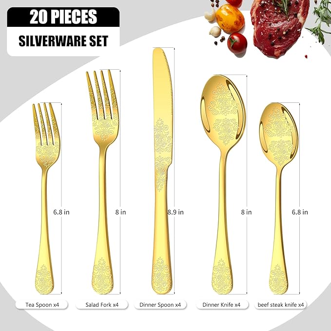 20 Pcs Gold Silverware Set for 4 with Classical Flower Embossed Design, Food Grade Stainless Steel Flatware Set, Eating Utensils Sets Include Fork/Knife/Spoon, Cutlery Set, Dishwasher Safe
