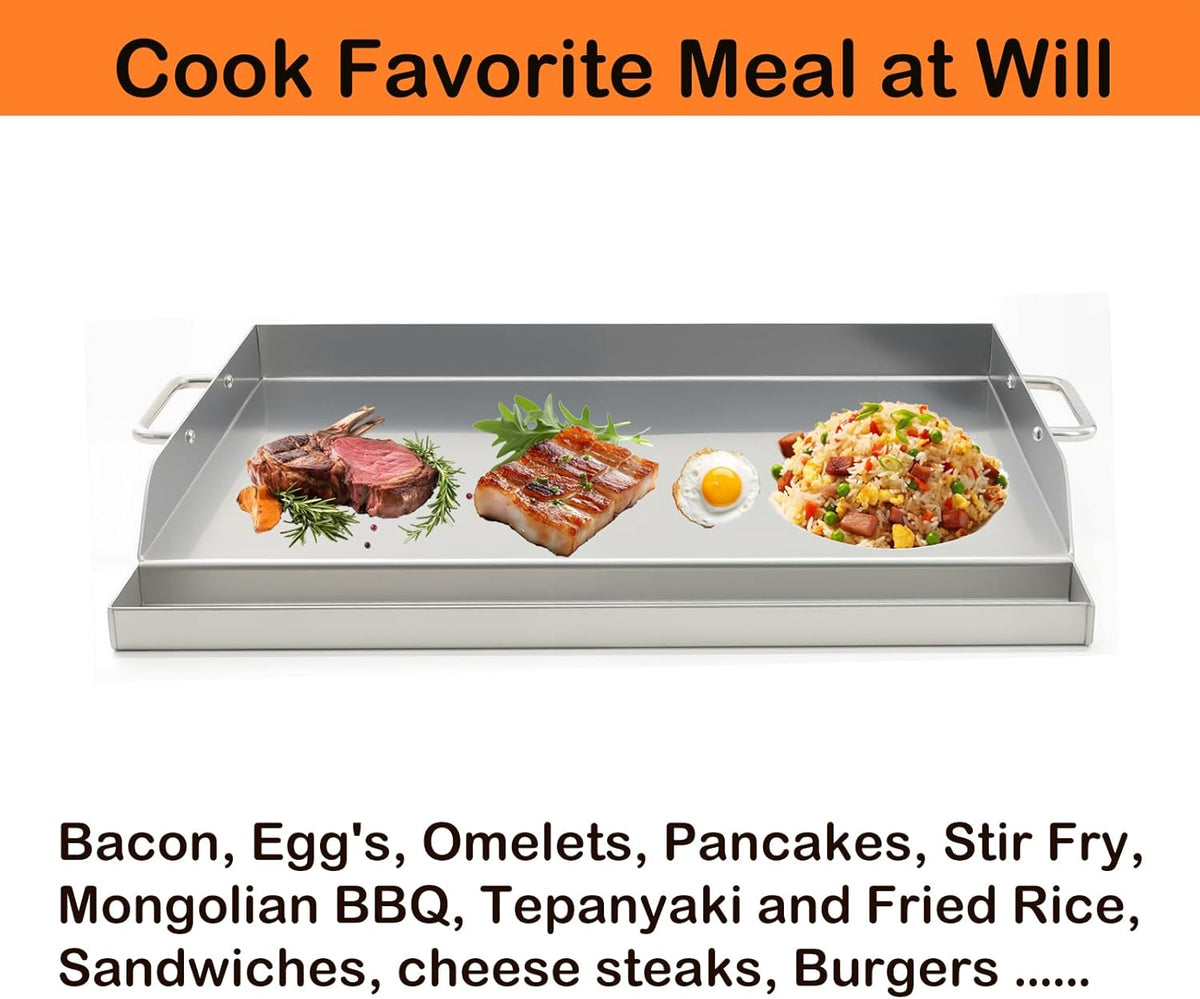 Universal Stainless Steel Griddle Flat Top Plate Grill-Top Griddle Pan with Even Heating Cross Bracing for BBQ Charcoal/Gas Grills, Camping, Tailgating, and Parties (17"*13")