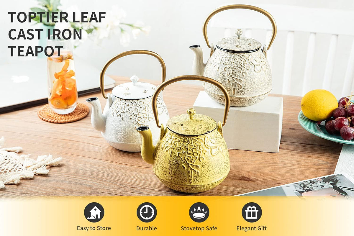 Toptier Cast Iron Tea Kettle, Stovetop Safe Japanese Cast Iron Teapot with Infuser, Leaf Design Tea Kettle for Stove Top Coated with Enameled Interior for 32 Ounce (950 ml), Warm Beige & Gray