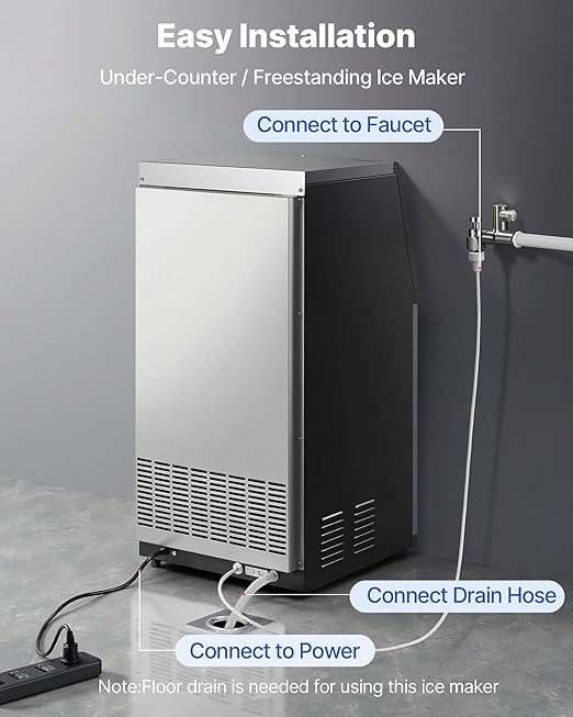 VEVOR Commercial Ice Maker Machine, 100 lbs/24h with 30 lbs Storage Capacity, Built-in/Freestanding/Under Counter, Stainless Steel Ice Maker with LED Display & Self-Cleaning, for Home Bar Restaurant