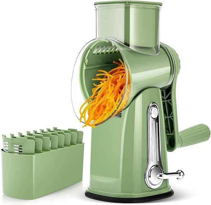 SUSTEAS Rotary Cheese Grater with Handle - Vegetable Shredder with 5 Well-designed Blades & Strong Suction Base,Round Mandoline Slicer & Food Chopper for Kitchen,with Blade Storage Box(Retro Green)