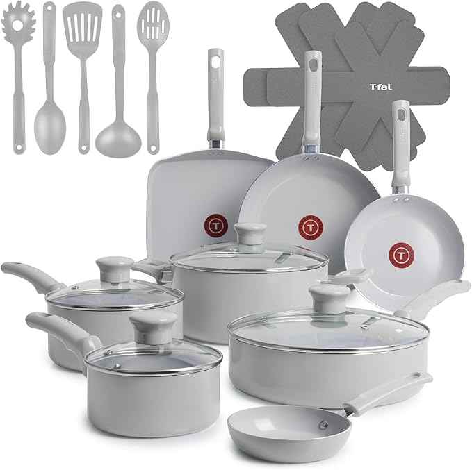T-Fal Refresh Ceramic Pots and Pans Set, 20-Piece Nonstick Cookware Set, Stockpot, Griddle, Frying Pans, Utensils, Moon Grey