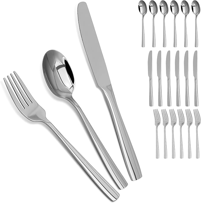 Silverware Set,18/10 Stainless Steel 18Piece Silverware Set For 6,With Dinner Knives Spoon Forks Set for Home, Kitchen and Restaurant, Mirror Polished& Dishwasher Safe