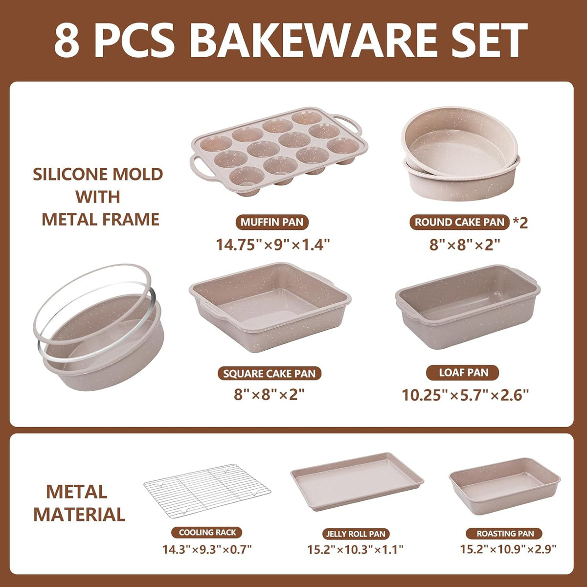 Vinino 8-Piece Baking Pans Set Nonstick, Bakeware Set includes Silicone Muffin, Loaf, Cake Pans with Metal Reinforced Frame, and Carbon Steel Roasting Pan, Cookie Sheet, Cooling rack for Oven