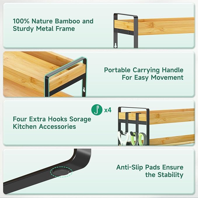 EsLuker.ly Spice Seasoning Rack Organizer Kitchen Countertop, 4 Tier Bamboo Spice Shelf Holder Storage with 4 Hooks, Wall Mounted Freestanding Stand for Pantry, Quick Spice Access(Jars Not Included)