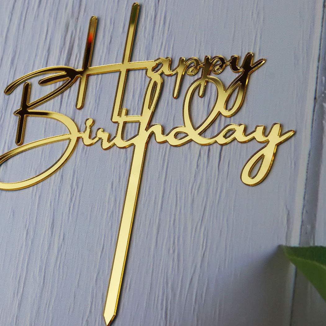 Happy Birthday Cake Topper for Birthday Party Decorations, Mirror Gold Acrylic