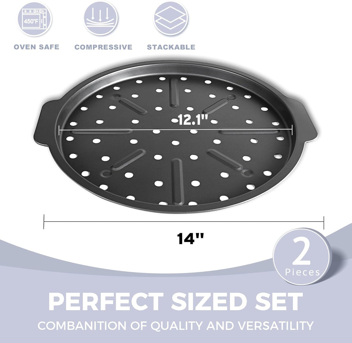 HONGBAKE 2 Pack Pizza Pan with Holes 12 Inch, Nonstick Pizza Tray for Oven with Widen Handles, Hot Air Pizza Crisper Tin, Round Baking Sheet for Frozen & Homemade Pizza, Grey
