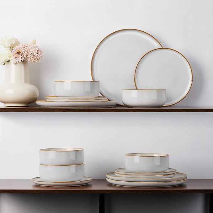 E-far Plates and Bowls Set for 2, 6-Piece Stoneware Dinnerware Sets, Ceramic Dinning Ware Reactive Glaze Dishes Set, Microwave & Dishwasher Safe - Seashell White