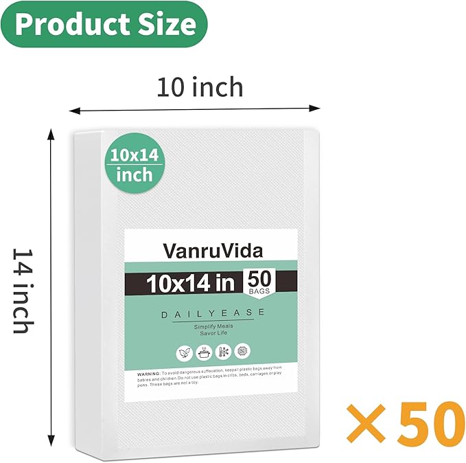 VanruVida Vacuum Sealer Bags, 50 Count 10” x 14”,BPA Free,Commercial Grade Textured PreCut Bag with Double Tear Notches, Perfect for Food Storage, Freezer, Meal Prep, or Sous Vide