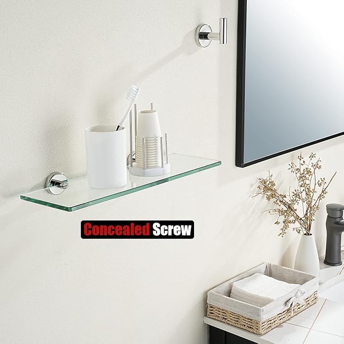 JQK Bathroom Glass Shelf Chrome, Tempered Glass Shower Storage 16 by 5 inches, 304 Stainless Steel Polished Chrome Wall Mount, TGS101-CH