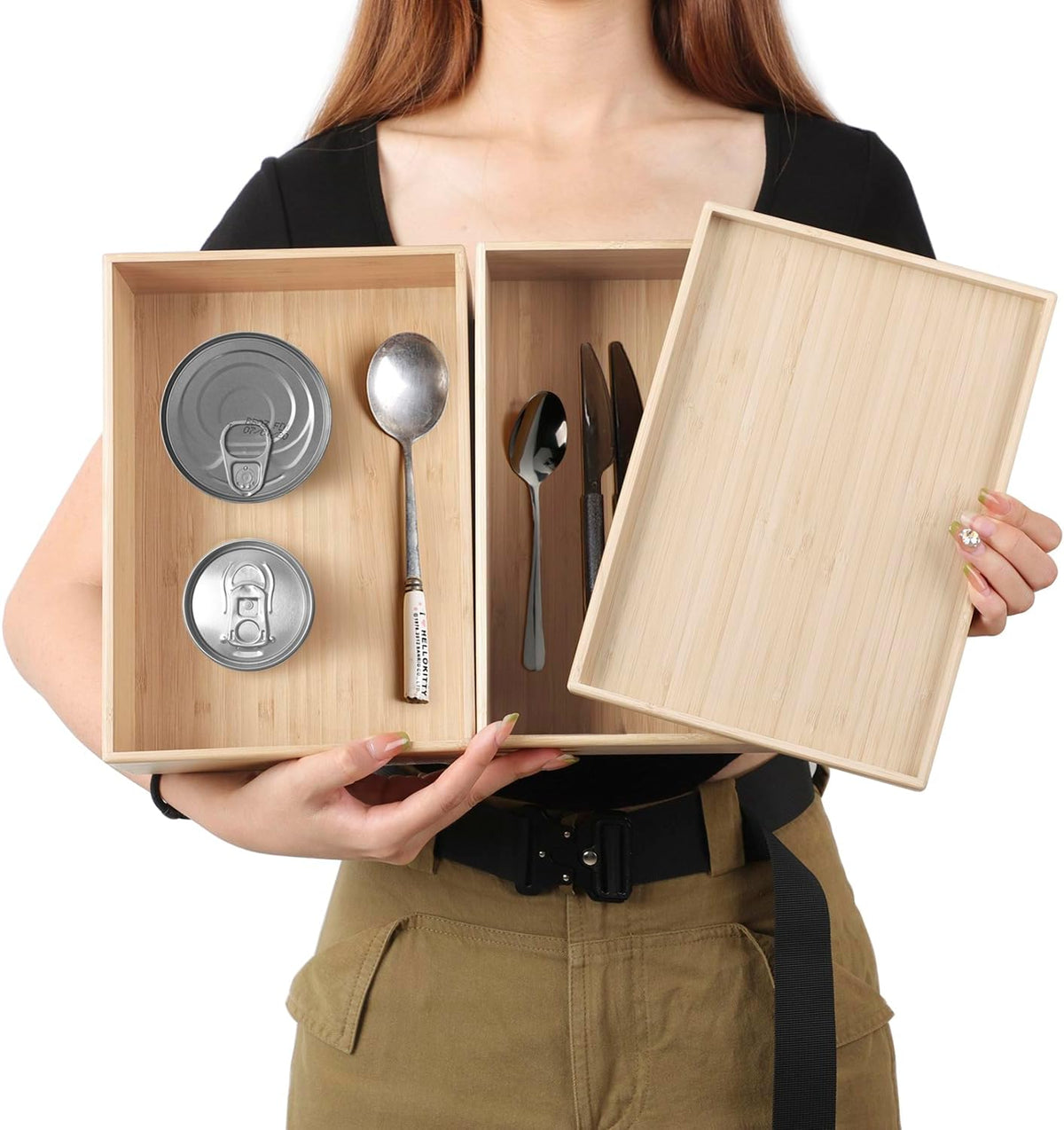 Stackable Bamboo Drawer Organizer Set – 2 Boxes with 1 Lid | Wood-Laminated Trays for Kitchen Utensils, Silverware & Flatware – Storage Fits Cabinets, Pantry, Bathroom & Office | 10.2"x7.3" (2-Pack)