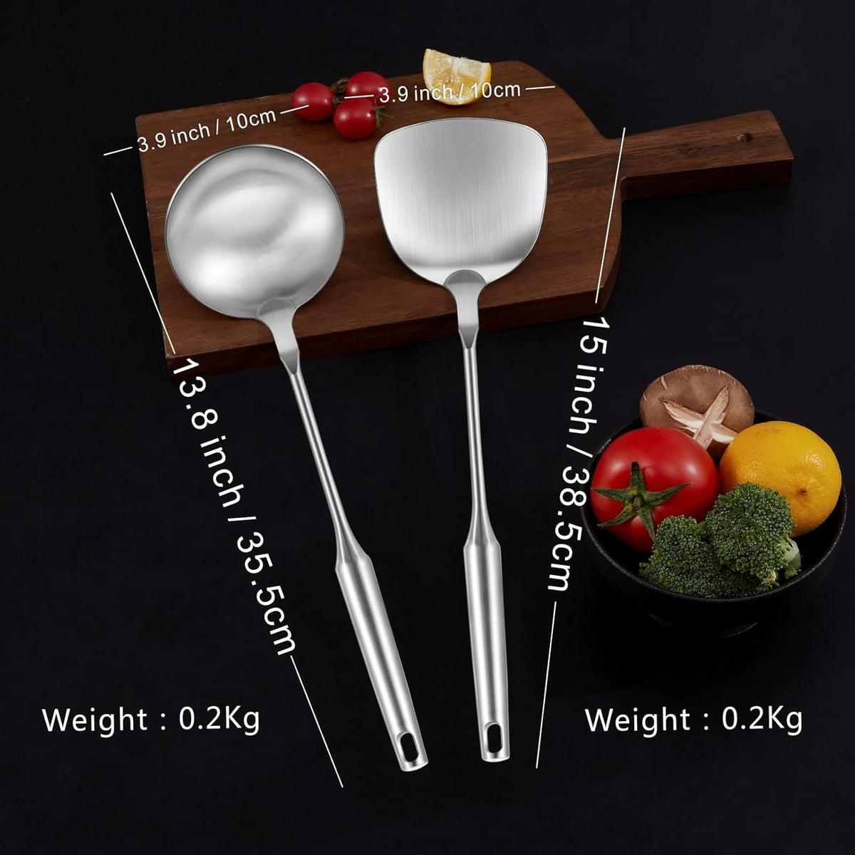 Wok Utensils Tools for Carbon Steel, Stainless Steel 2-Pieces Wok Spatula Soup Ladle Set, Wok Tools Professional Set, Heat-Resistant Handle, Ideal for Gift