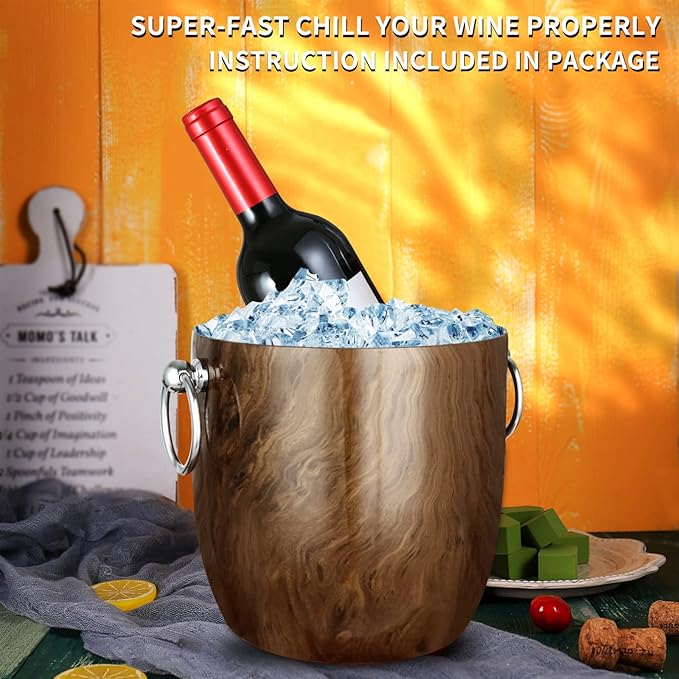 Ice Bucket with Lid, Scoop, Tongs and Strainer - Well Made Insulated Stainless Steel Keep Ice Frozen Longer - Ideal for Cocktail Bar, Parties, Chilling Wine, Champagne - 3 Liter (Teakwood)