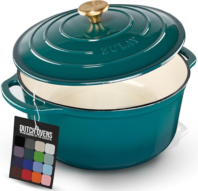 Zulay Kitchen 7.7 Quart Enameled Cast Iron Dutch Oven Pot with Lid – Premium Durability & Oven Safe up to 500°F – Heavy Duty Cookware Perfect for Bread Baking, Stews, Braising & Roasting – Emerald