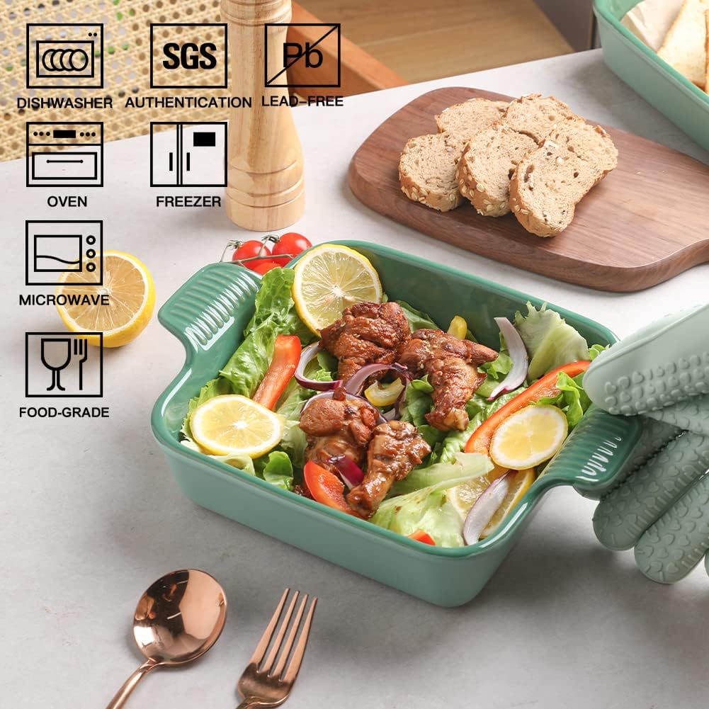 Sweejar Ceramic Baking Dish, 9 x 9 Cake Baking Pan for Brownie, Porcelain Square Bakeware with Double Handle for Casserole, Lasagna, Family Dinner (Light Green)