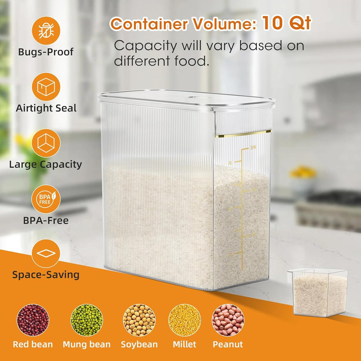 Rice Storage Container 15-20 Lbs, Tall & Narrow Food Storage Container with Measuring Scoop for Dry Goods Rice Flour Pet Food Bath Salt Storage, Clear Plastic Bin with Lid for Pantry Storage